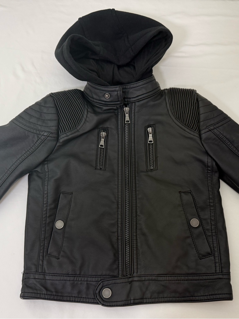 Urban Republic Black Faux Leather Hooded Moto Jacket for Kids